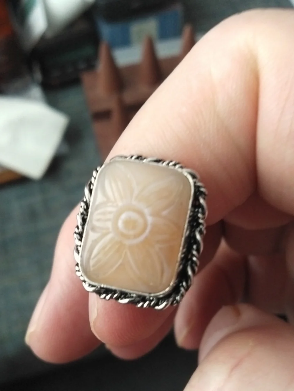 Hand-Carved Cream Floral Statement Ring